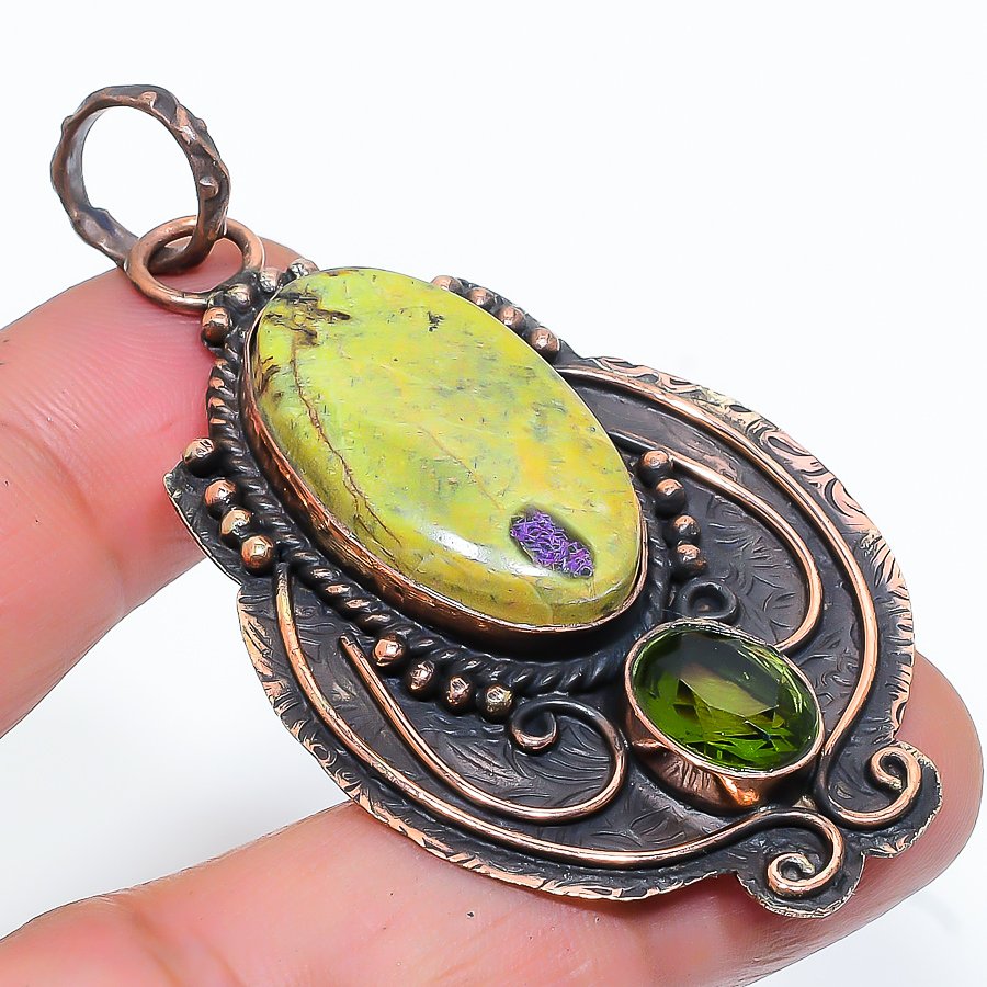 Atlantisite, Peridot Gemstone Handmade Copper Jewelry Pendant 2.56